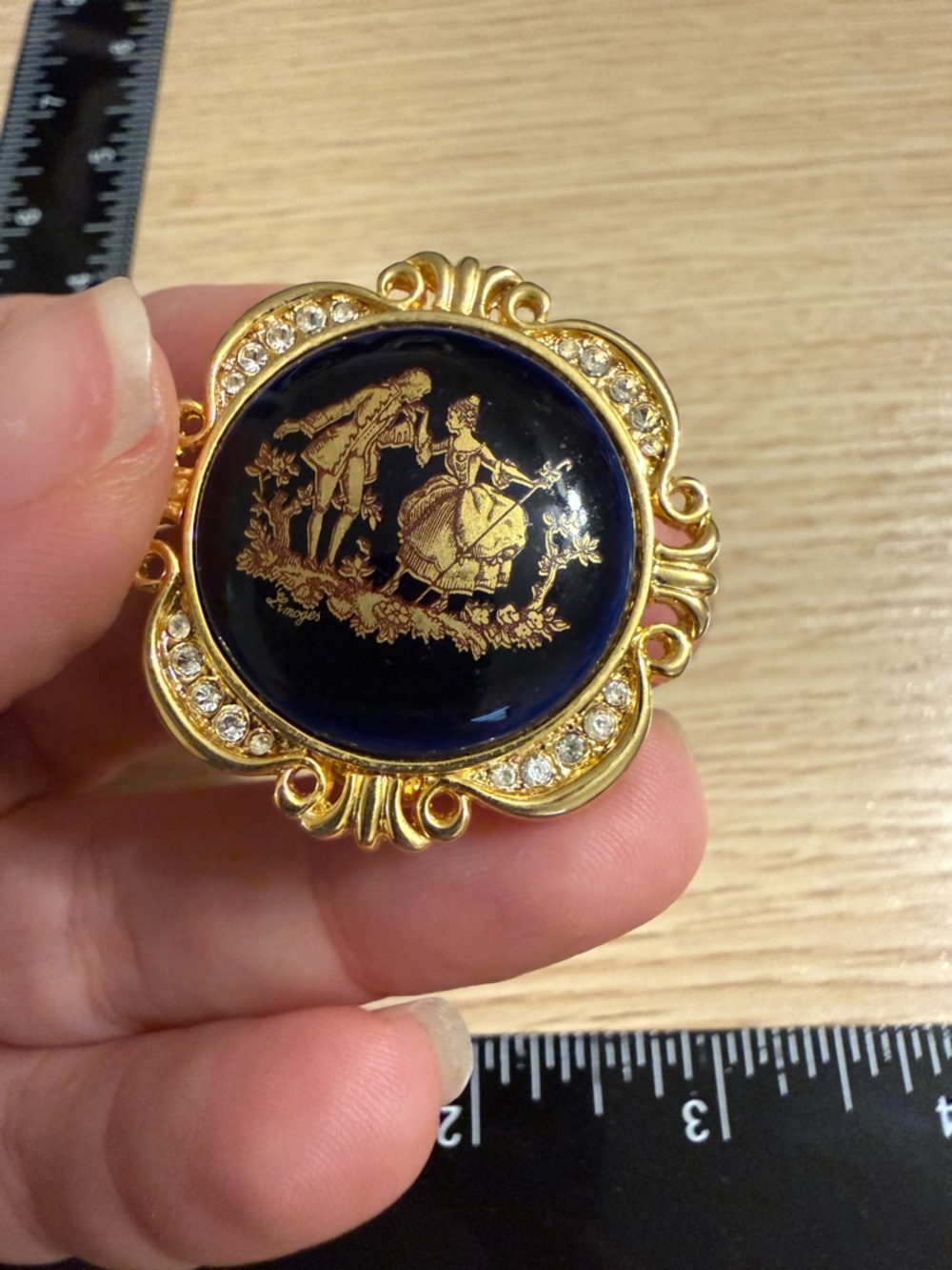 Vintage Limoges Castel France‎ Brooch Fragonard Courting Couple Cobalt Blue Gold